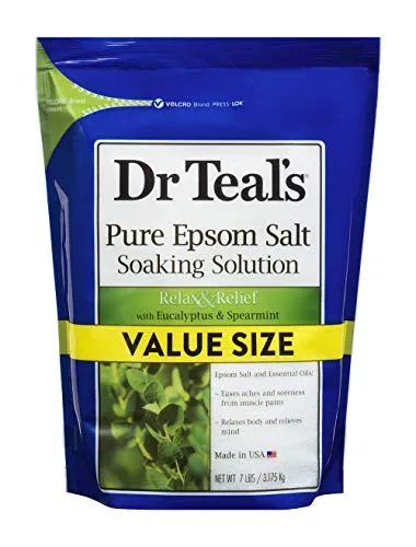 Dr Teal's Pure Epsom Salt Soaking Solution, Relax & Relief with Eucalyptus & Spearmint, 7 Lb Bag - Bath Soak Salts with Essential Oils - Value Size