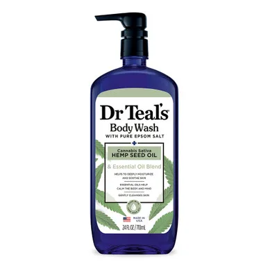 Dr Teals Body Wash with Pure Epsom Salt Cannabis Sativa Hemp Seed Oil Moisturizes and Nourishes Skin 24Oz (710ml)